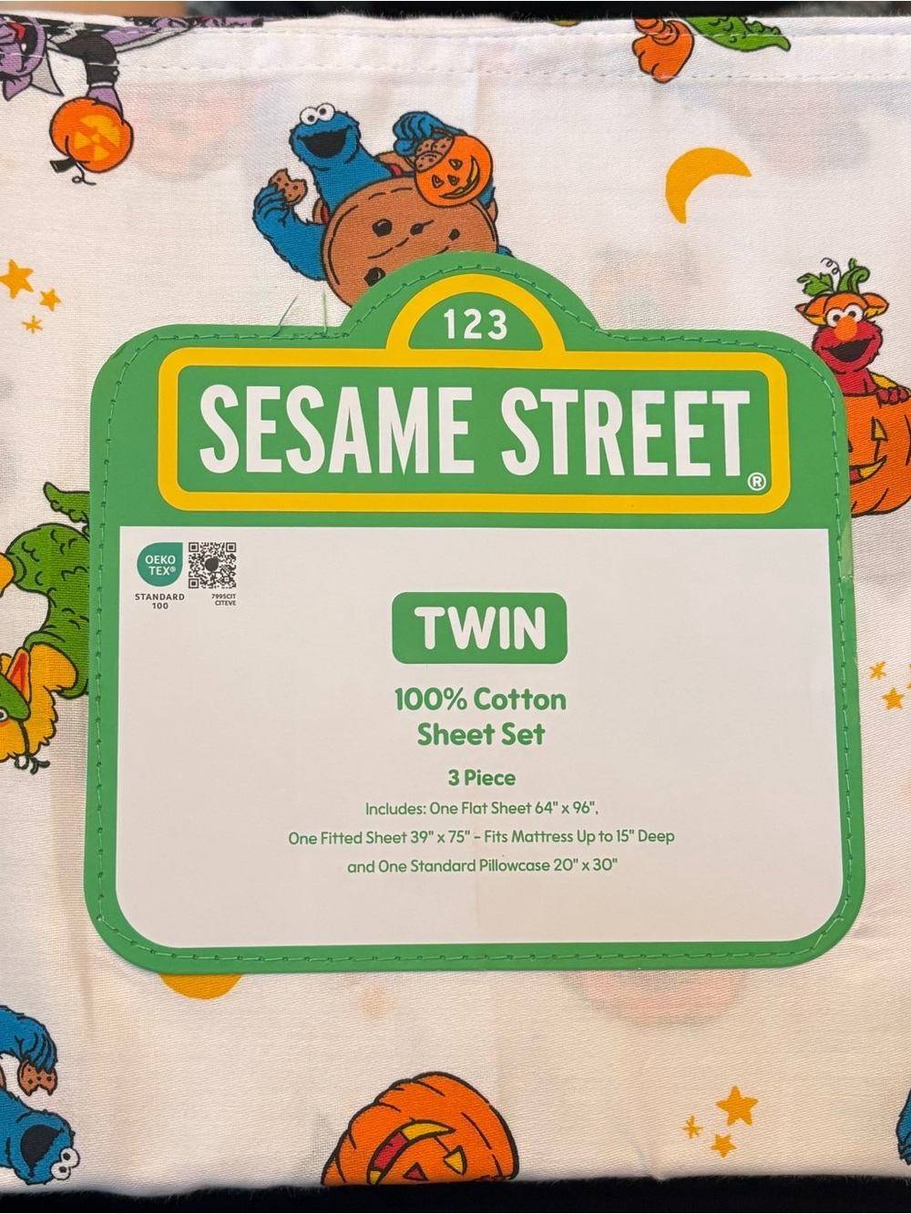 Sesame Street Twin Size Sheet Set Halloween Cotton Elmo Cookie Monster Count New